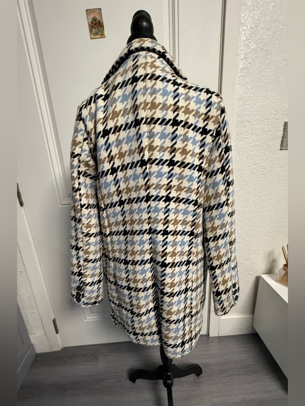 Fashion Nova Wool Blend Houndstooth Oversized Coat - Blue/Tan/Black - Size M - Picture 6 of 9